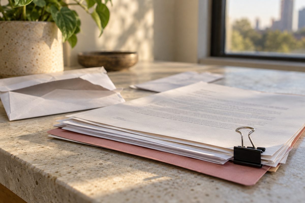 Letters and opened envelopes organized into a correspondence packet